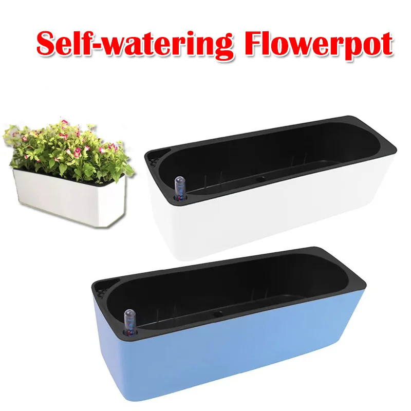 Automatic Self-Watering Potted Plant Flower Pot with Water Level Indicator Desktop Rectangular Planter for Balcony Office Decor