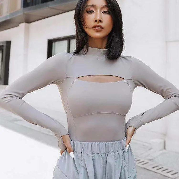 Tight Fitting Hollow Elastic Tank Top Large Size Long Sleeve Sports Fitness Tank Top Women