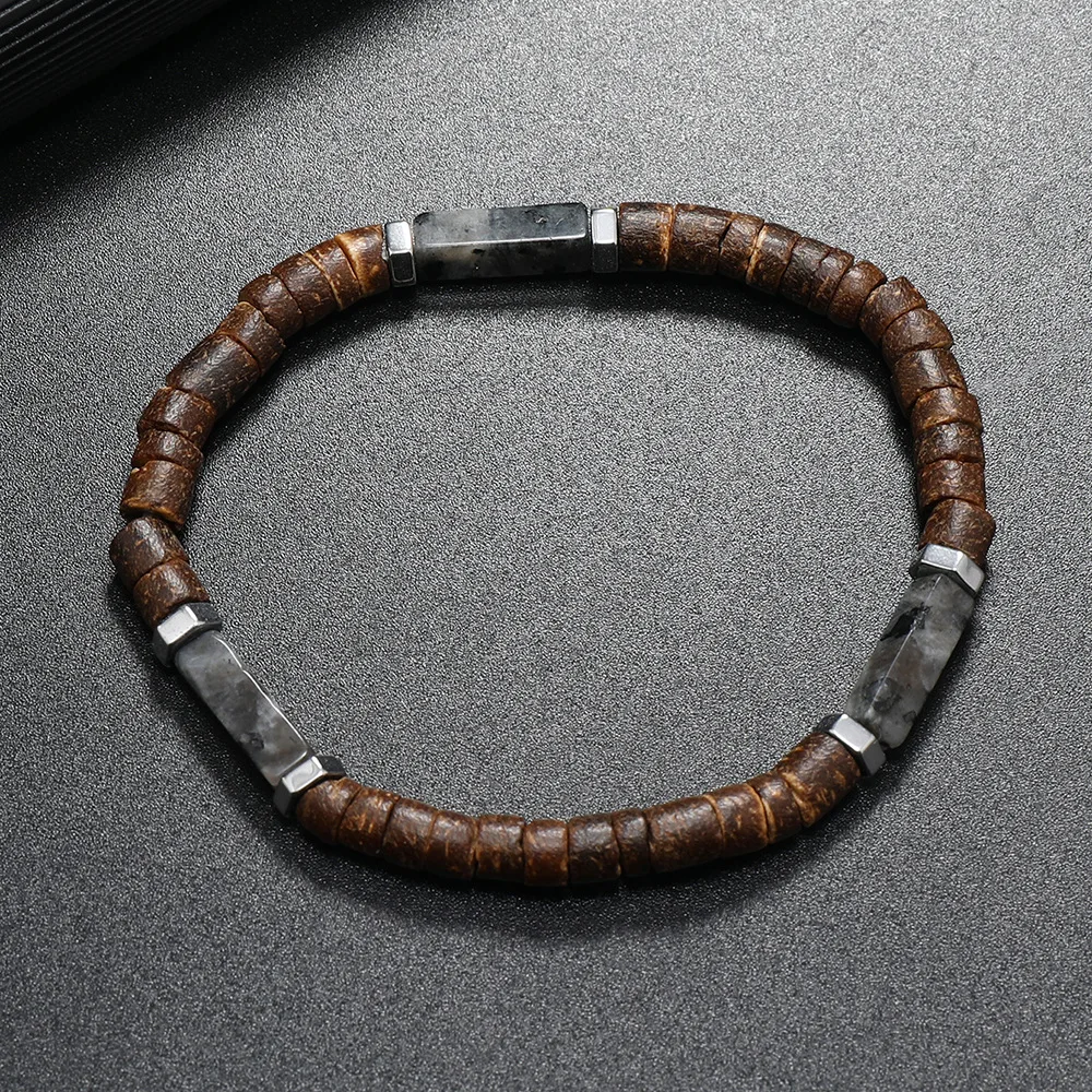 2024 bohemian summer beach style 10 different natural square stone beads brown coconut shell bracelet for men and women