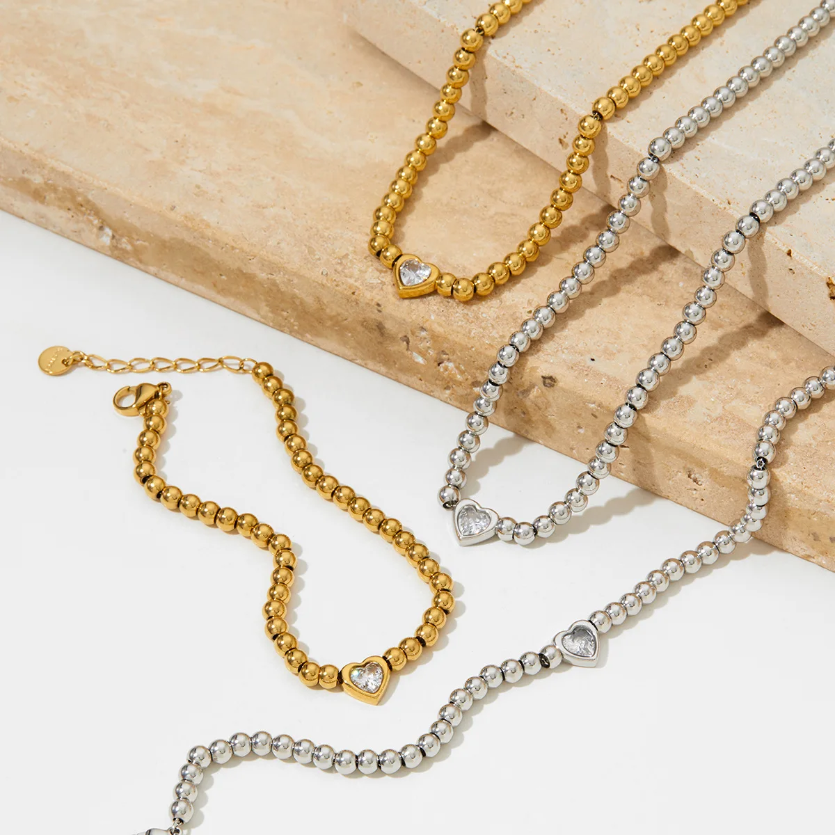 Fashion Jewelry Waterproof Real Gold Plated Stainless Steel Bead Ball Heart Zircon Crystal Necklace Bracelet for Women Jewelry