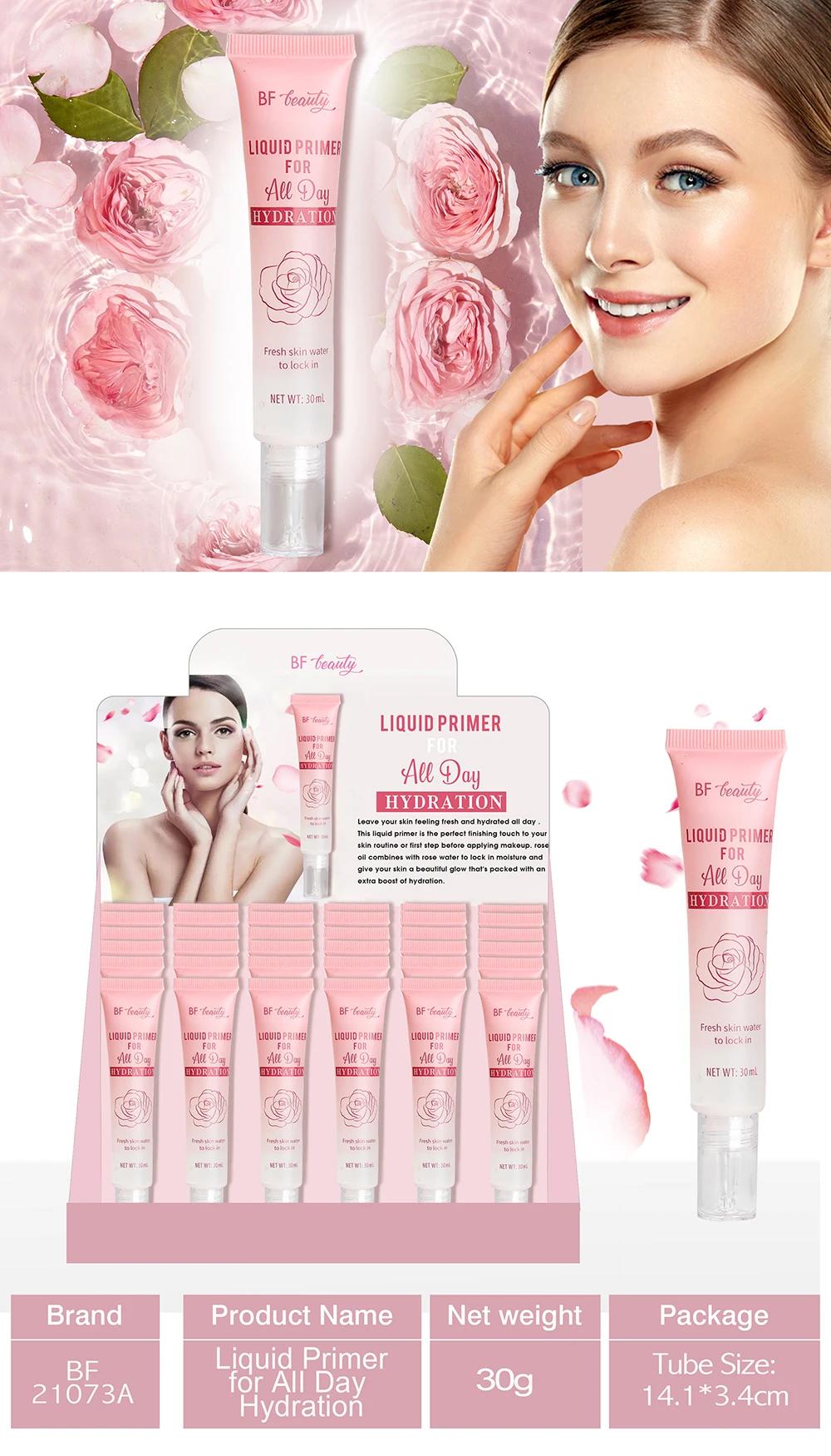 Cosmetics OEM Manufacturer 30ml Tube Pack Ali Day Hydration Rose Oil Makeup Primer Private Label Liquid Clear Makeup Primer