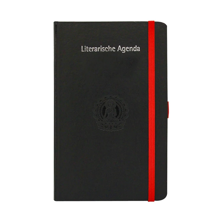 black PU vegan leather embossed logo  notebook with elastic band pen loop hardcover the business boss planner daily diary