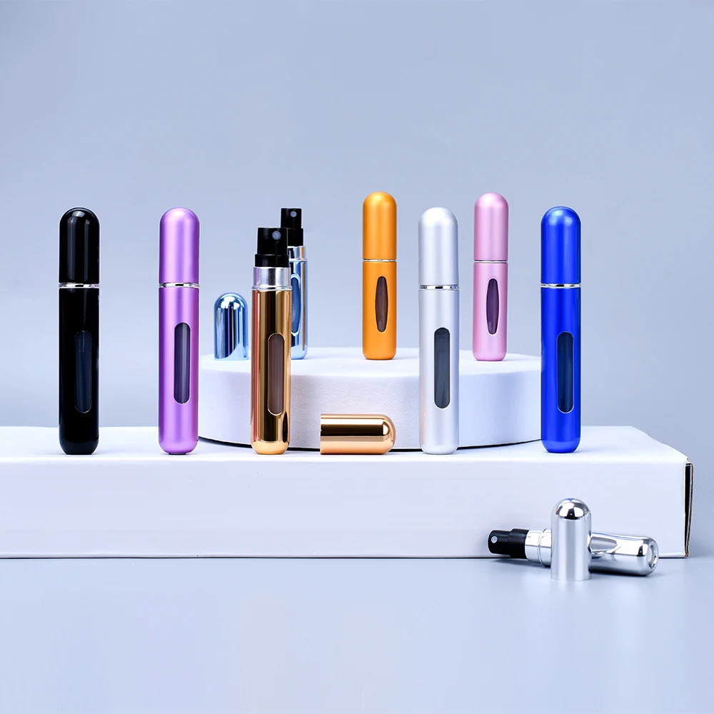 Mini aluminum perfume bottle 5ml 8ml colorful portable travel refillable perfume atomizer bottle bottom filled perfume bottle