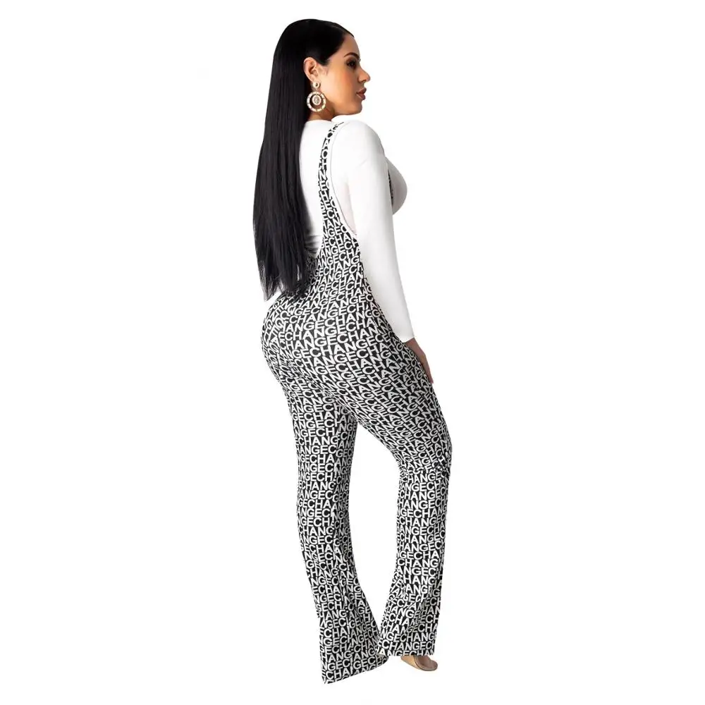 
New Arrivals Autumn Fashion Women Casual Long Sleeve T-shirt Suspender Flared Pants 2 Pieces Set Letter Printed Outfits Jumpsuit 