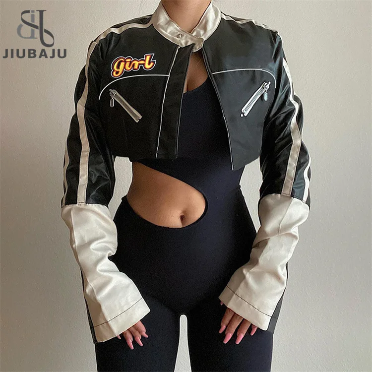 PU Leather Bomber Cropped Jacket Woman Autumn Winter Print Zipper Patchwork Short Racing Jacket Contrast Zipper Coat Top
