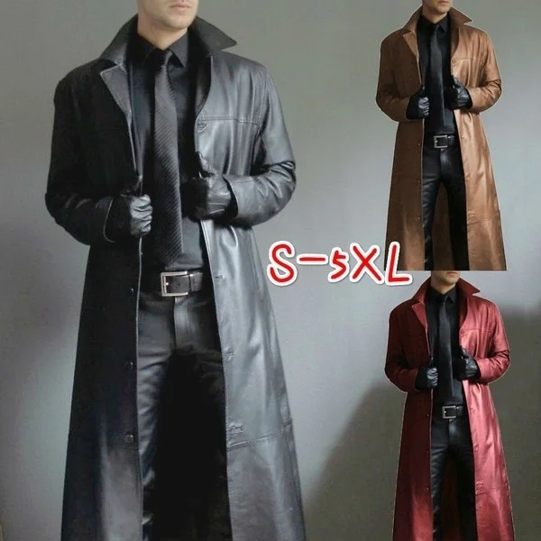 Trendy Fashion Solid Color Leather Windproof Long Trench Coat Windbreaker Jacket For Men