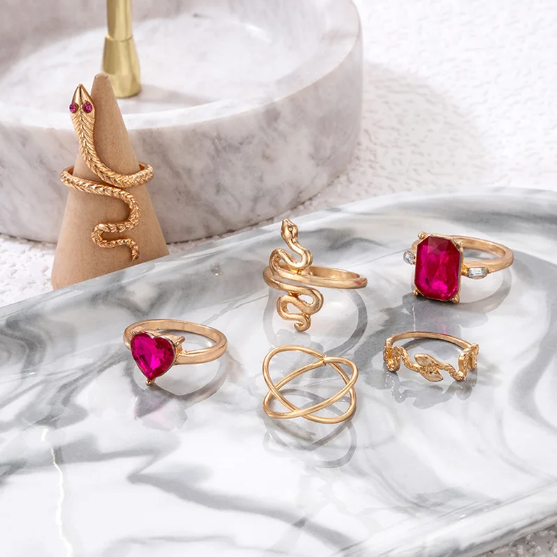Heart and square ruby diamond inlaid serpentine cross ring 6-piece set unisex fashion six pieces ring set