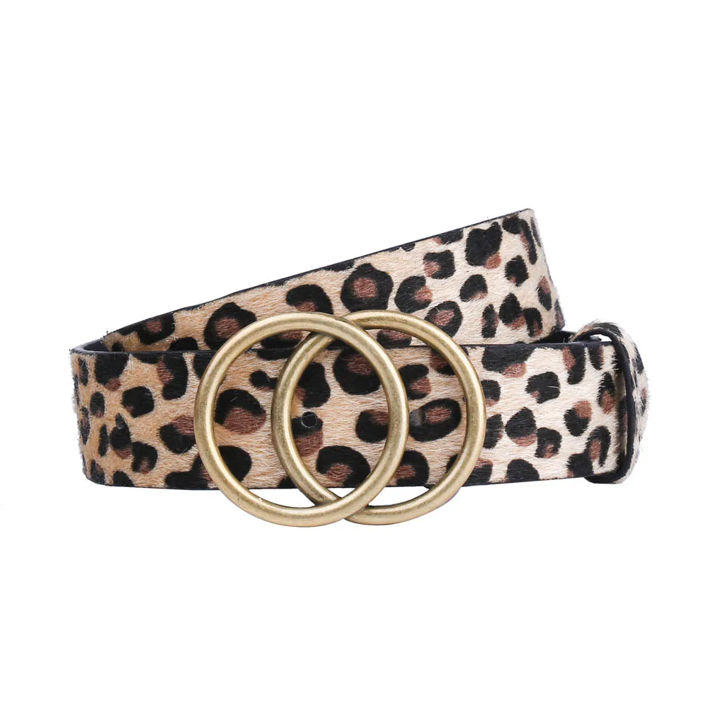 
Big double round buckle false horse hair leopard print belt needle buckle lady belt 