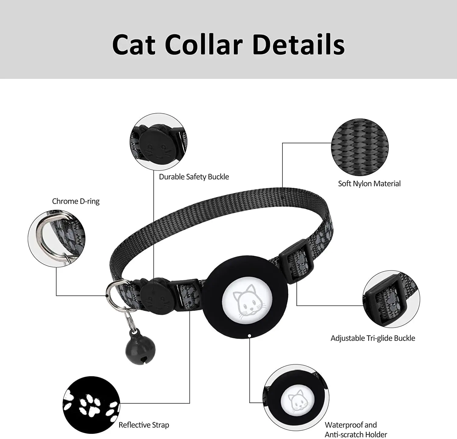 ODM/OEM Factory Wholesale Airtag Cat Reflective Collar With Bell for AirTag Case Cats Print Collar Pet Accessories Supplies