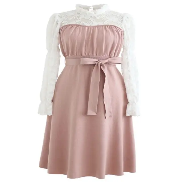 
Hot selling good quality white lace Long sleeved casual dresses pink dress with a bow 