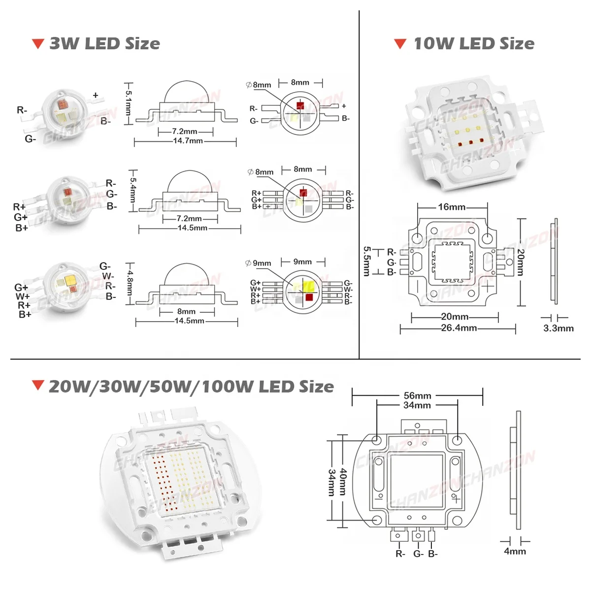 CHANZON светодиодные лампы высокой мощности чип RGB RGBW PCB SMD 1 Вт 3 4 10 20 30 50 100 красный зеленый синий белый