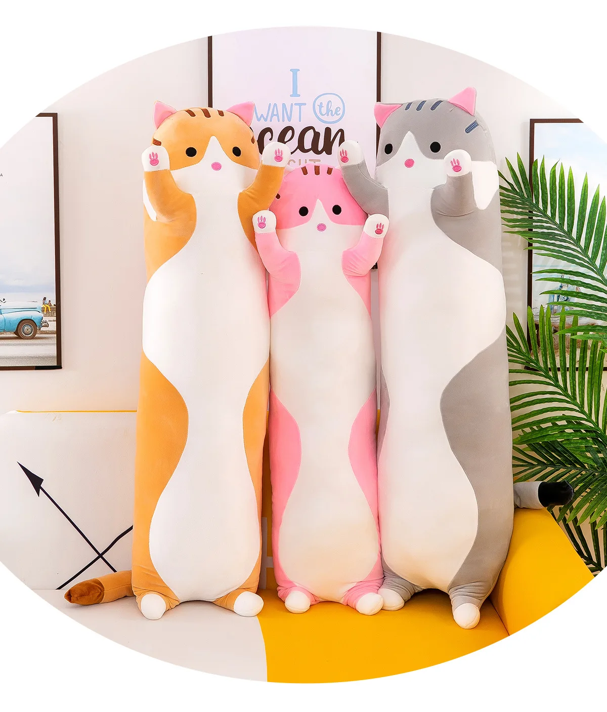 Unisex Soft Cartoon Long Cat Throw Pillow Lovely Plush Cat Doll Sleeping Pillow Toy Made of PP Cotton Gift for Kids Girlfriend