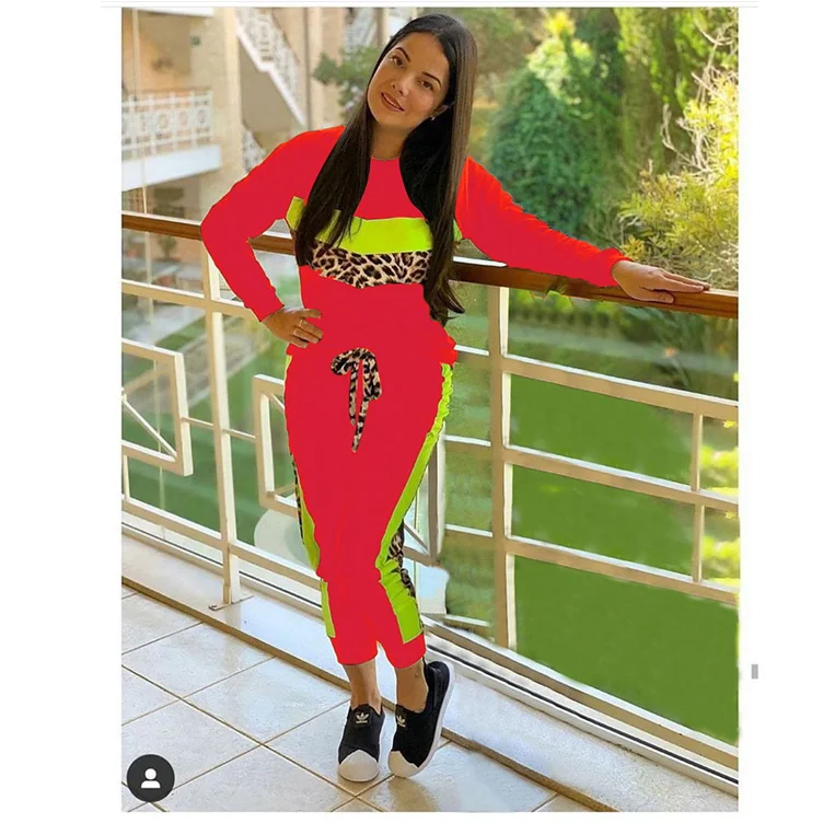 
*GC-9091008 2020 new arrivals casual leopard stripe color matching wholesale women Hot High Quality pants 2 piece sets 