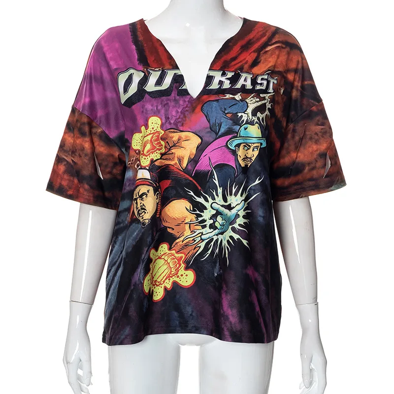 2023 Summer Street Women Clothing V Neck Cartoon Print Cut Out Casual Fashion Graphic T Shirts