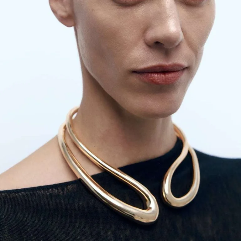 Hot Sale ZA Geometric Metal Necklace Bracelet Set for Women Temperament Exaggerated Party Dinner Jewelry Accessories