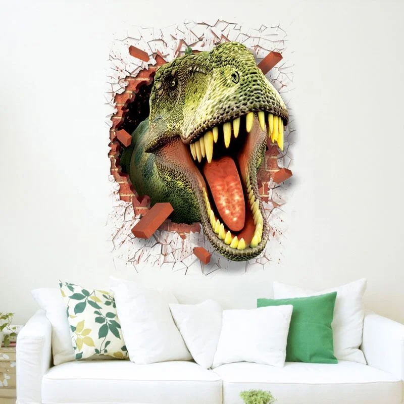 3D Effect of Broken Wall Dinosaur Wall Stickers Creative Children Room Boys Bedroom Decorative Wall Stickers Home Decoration