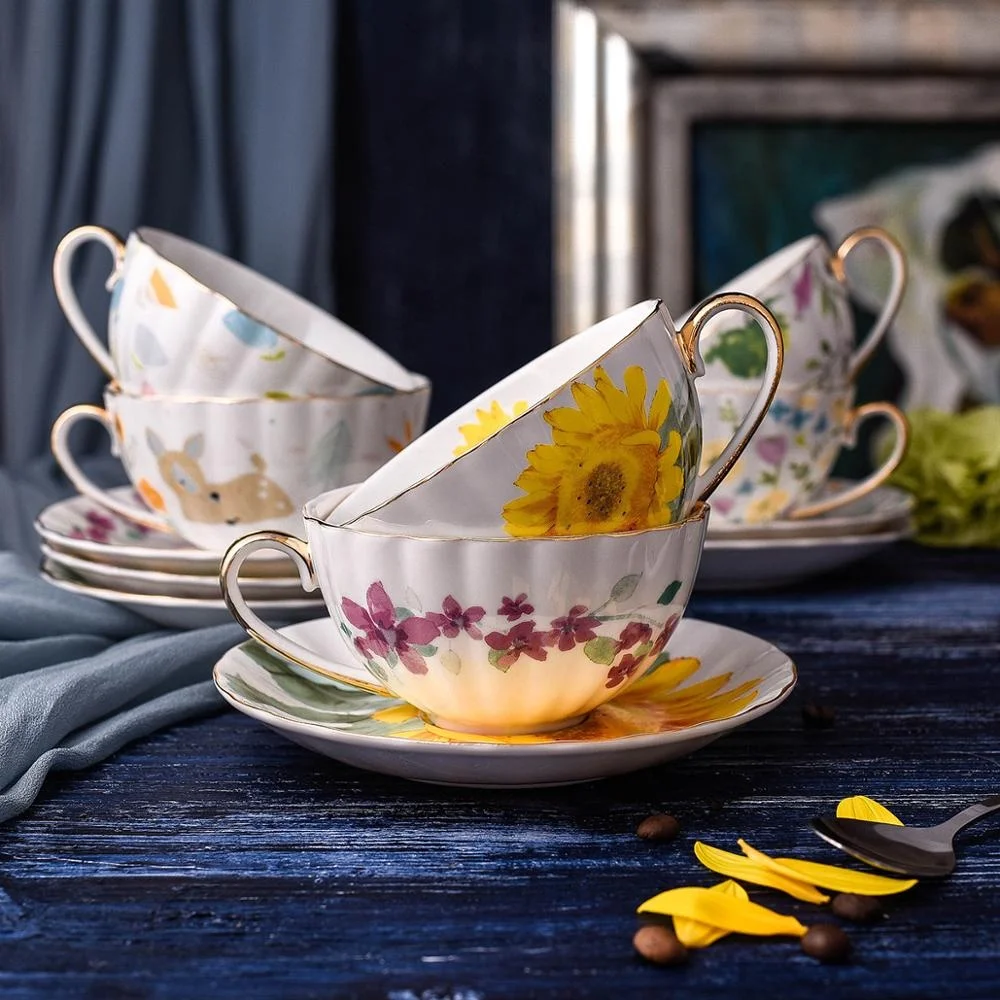Creative sunflower coffee cup saucer set british home office flower tea cup drawing gold rim bone china cup custom logo