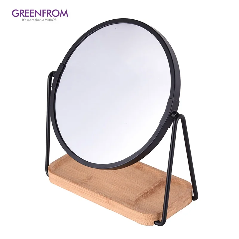Cosmetic Mirror Black Matt Stainless Steel Makeup Mirror With Bamboo Tray