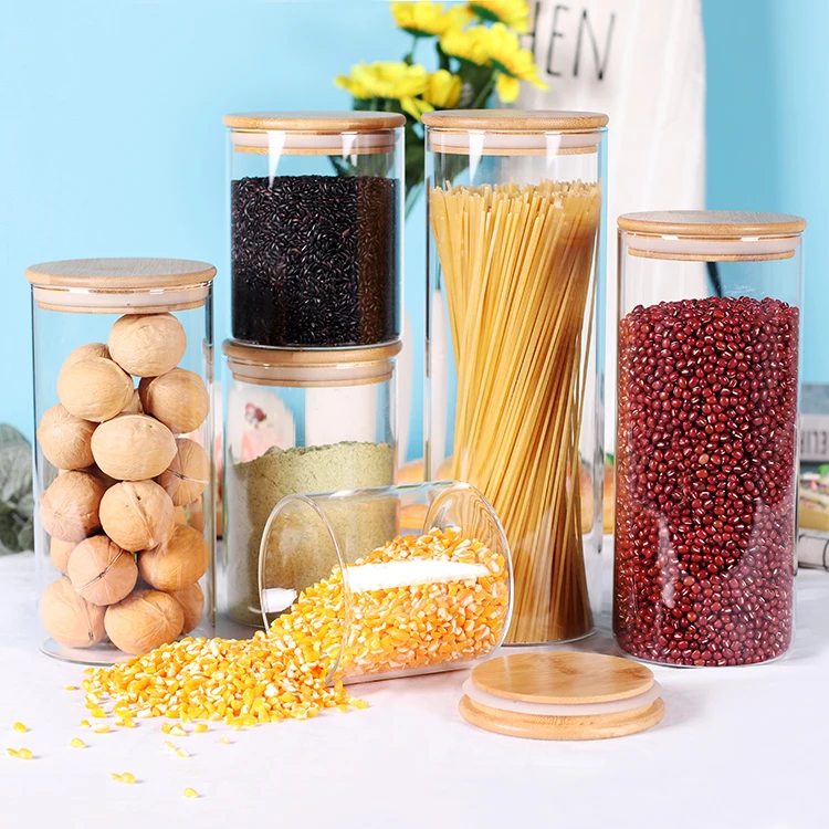 Customized kitchen airtight food storage glass jars with bamboo wood lid