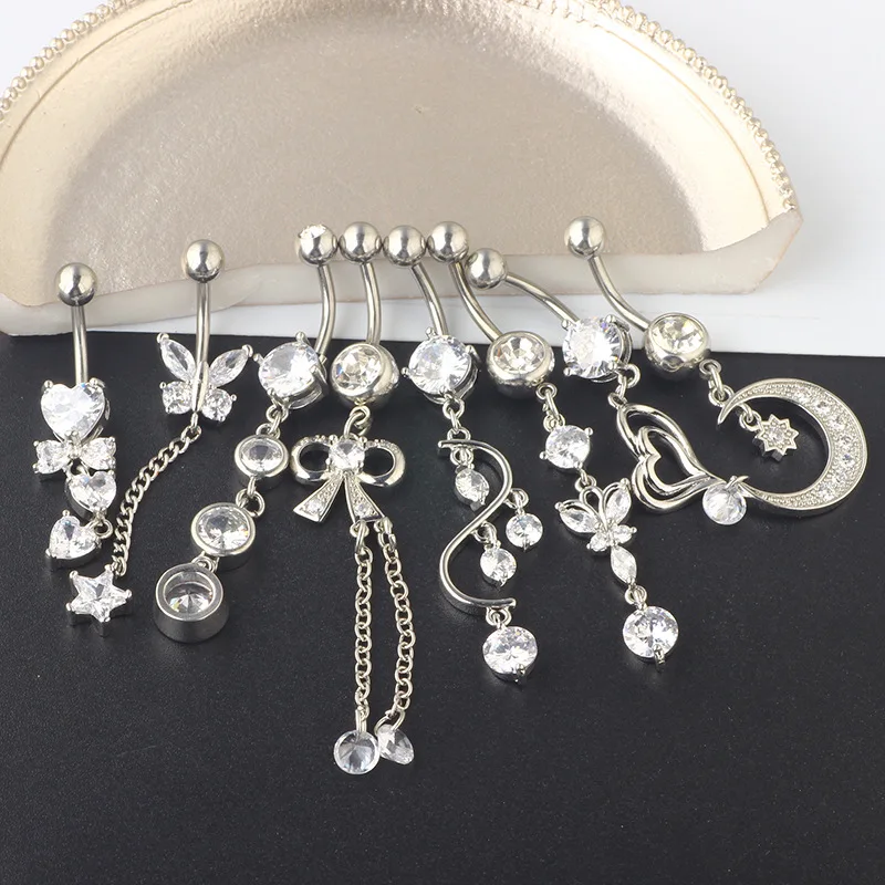 8pcs/set Stainless Steel Butterfly Moon Heart Wing Water Drop Zircon Sexy Belly Ring Navel Piercing Women Button Ring Jewelry