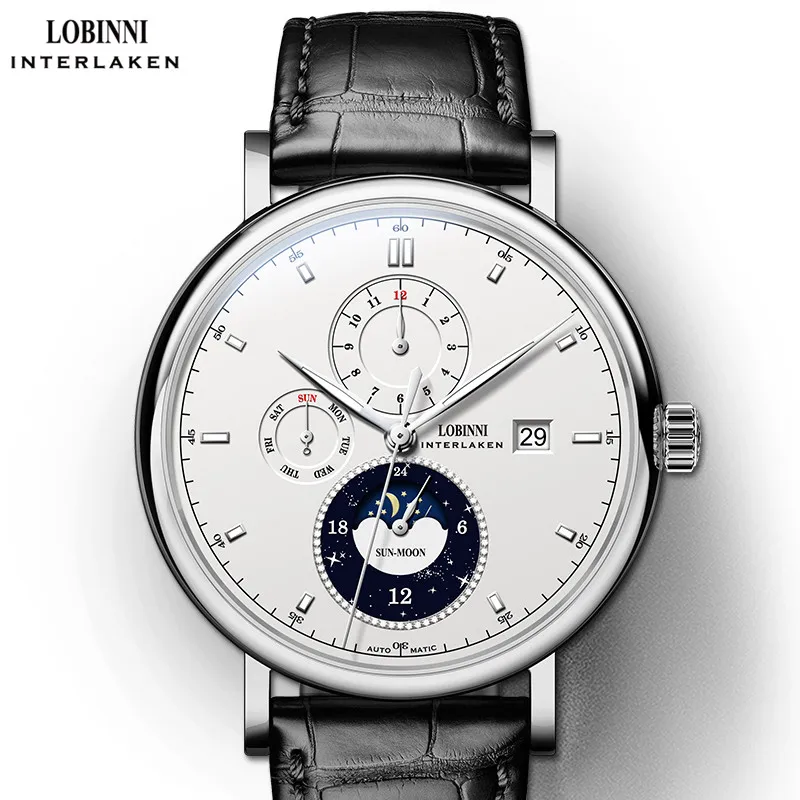 Lobinni 13056 Oem Mens Wrist Band Watch Strap Watch Movement Stainless Steel 50 Atm Men Round SAPPHIRE Crystal 5 Colors