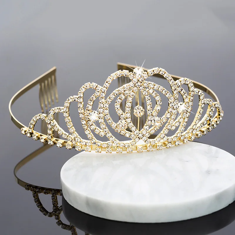 Wholesale Korean version of rhinestone hair band children princess crown birthday cake decoration gold crown tiara with comb