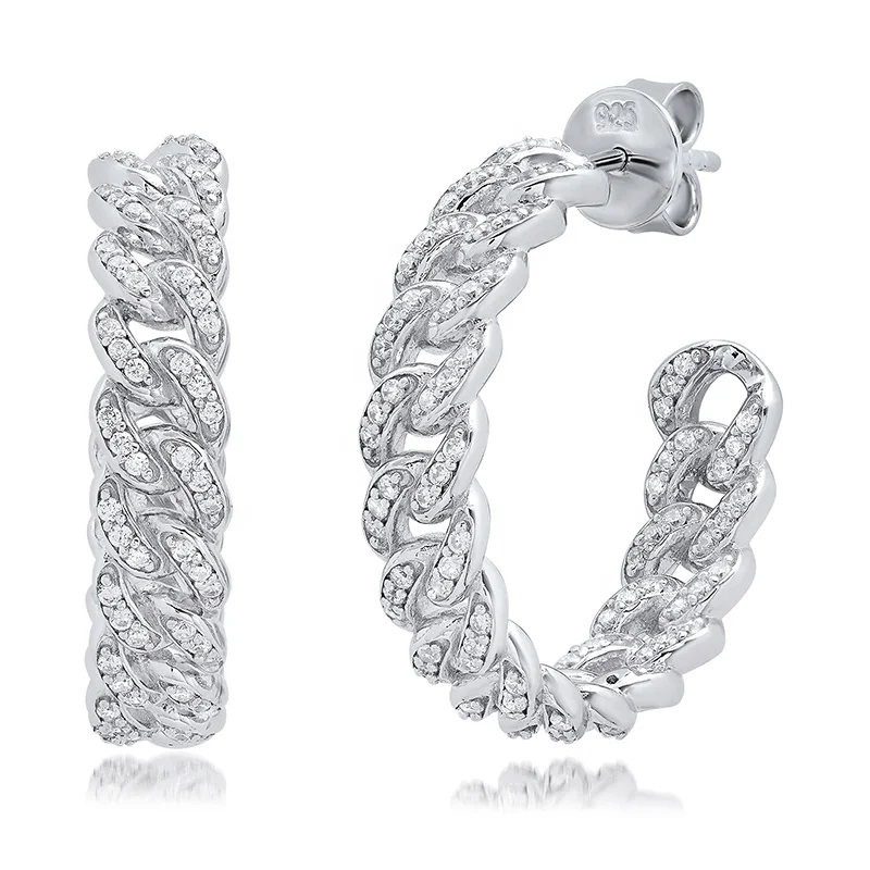 Exaggerated personality jewelry hollow 925 Sterling Silver hip hop diamond Cuban link chain hoop earrings