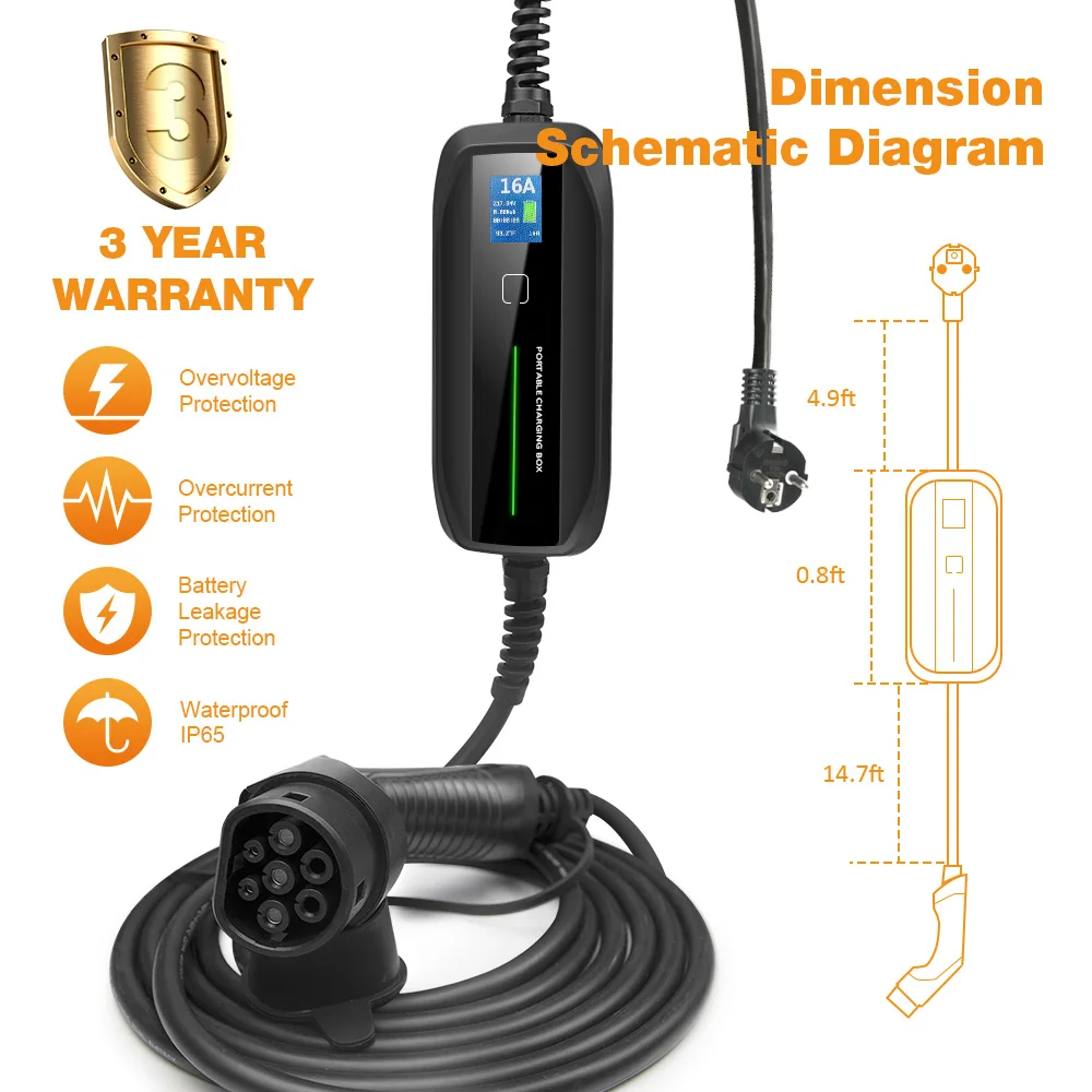 IP 66 16A type 2 ev charger portable with schuko
