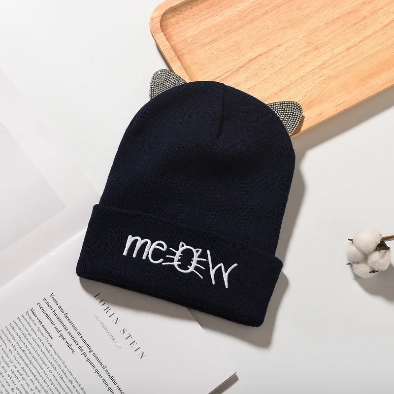 Cat Ears Embroidery Beanie Warm Animal Shape Letters Embroidered Winter Pattern Skull Cap for Running Sports Travelling