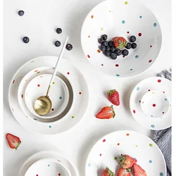 Round Hotel Restaurant Used Lovely Style Fine Bone China Dinnerware Dot Design White Cheap Porcelain Plates