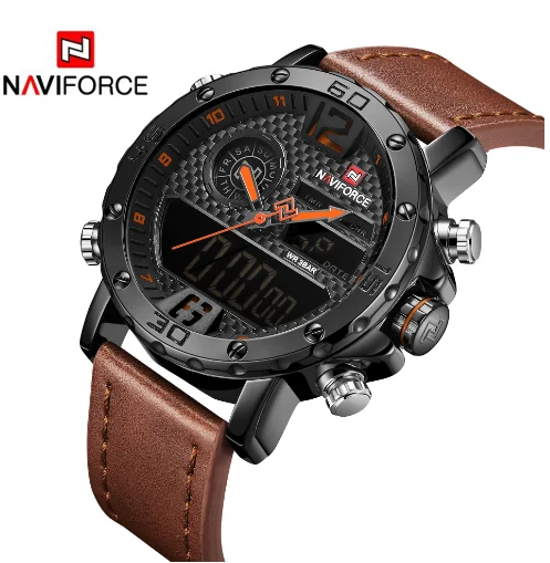 Модные деловые часы Navifeforce 9134 мужские роскошные качественные кожаные кварцевые с двойным дисплеем