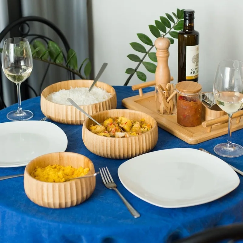 eco friendly bamboo natural wooden wood color fiber salad baby Kids baby feeding Bamboo small plates Bowls set and spoon