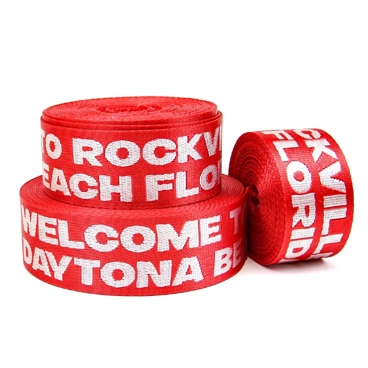 High Gloss Webbing 38mm Polyester Red Logo Webbing Nylon Webbing Strap Upholstery Woven Shoulder Bag Strap
