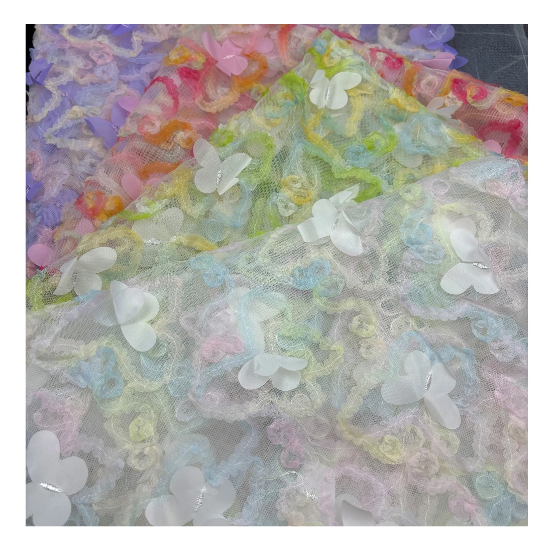 Organza 3d lace fabric embroidered butterfly knit crochet fabric for kids dresses