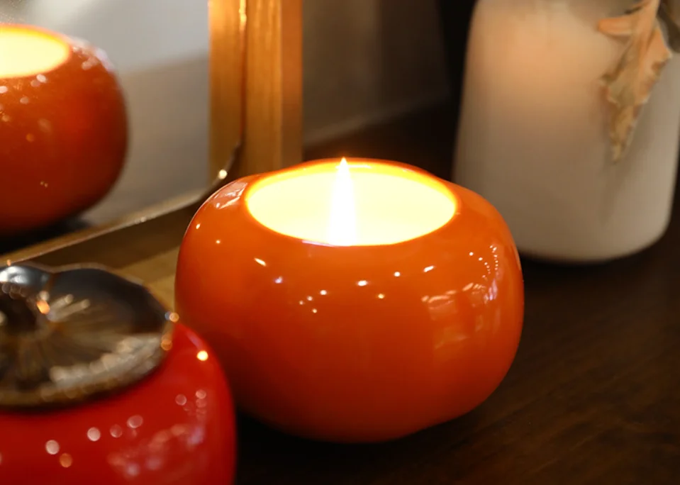 Hot Sale Handmade Cute Persimmon Fruit Shaped ceramic Jar Gift Scented Candles