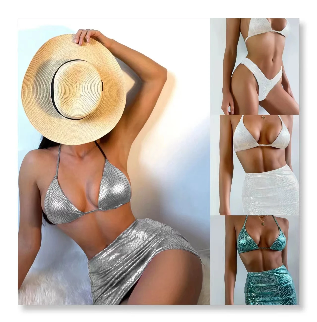 Metal Gloss Snake Skin Sexy Bikini Three Piece Setpush up Swimwear Hip Wrapped Short Skirt Women Halter Swimsuit beachwear
