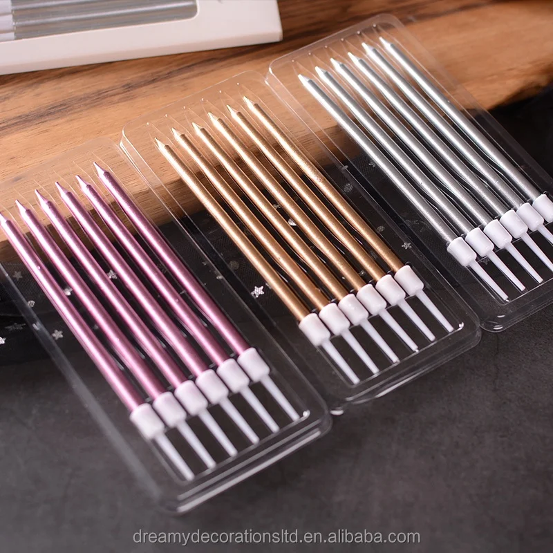 6PCS Stylish Long Thin Cake Metallic Birthday Candles in Holders for Birthday Cakes