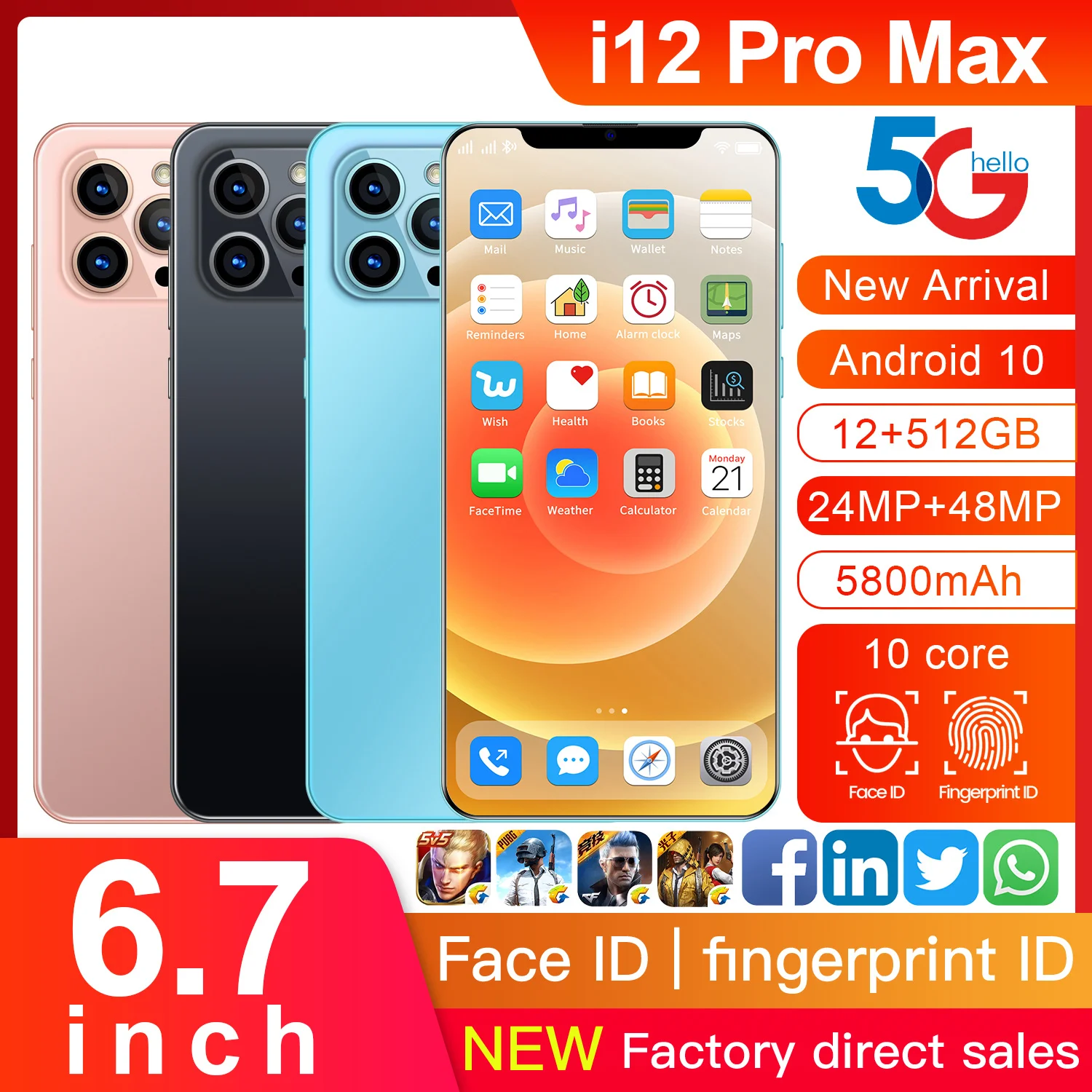2021 Newest cheap smartphone  i12 Pro Max 6.7inch U-Screen  Mobile phones 12GB RAM 512GB ROM 21MP+48MP dual  Camera cellphone