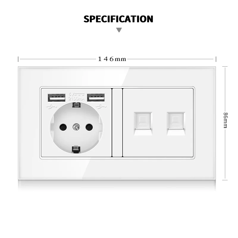Toughened crystal glass panel German USB wall power socket plus 2 RJ-45 network sockets