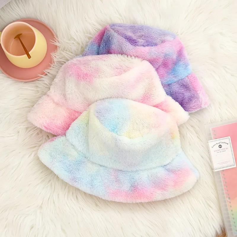 
New fashion warm tie dye hat winter plush rainbow faux fur fisherman hat outdoor bucket hats 
