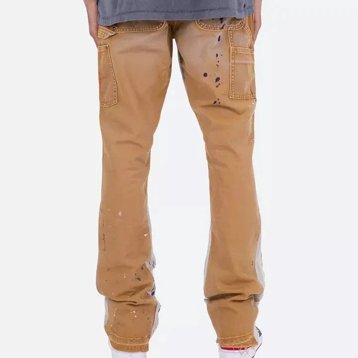 Wholesale Casual Paint Splatter Vintage Cargo Pant For Men Custom Mens Multi Pocket Cotton Flare Stacked Sweat Pants