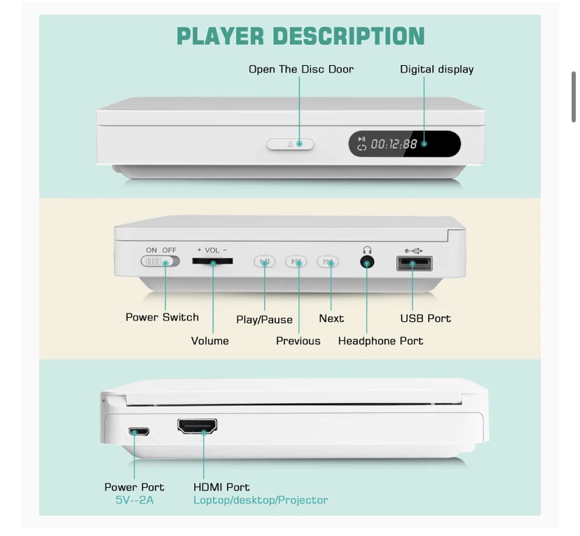 Multifunction white Music CD player MP3 Speaker HD Output USB Connection Portable DVD Player for