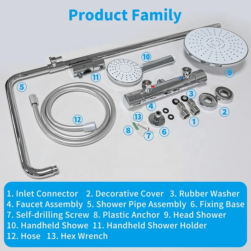 GaoZhi Thermostatic Chrome Rainfall Wall Mounted Shower Mixer Tap Shower Set Bathroom