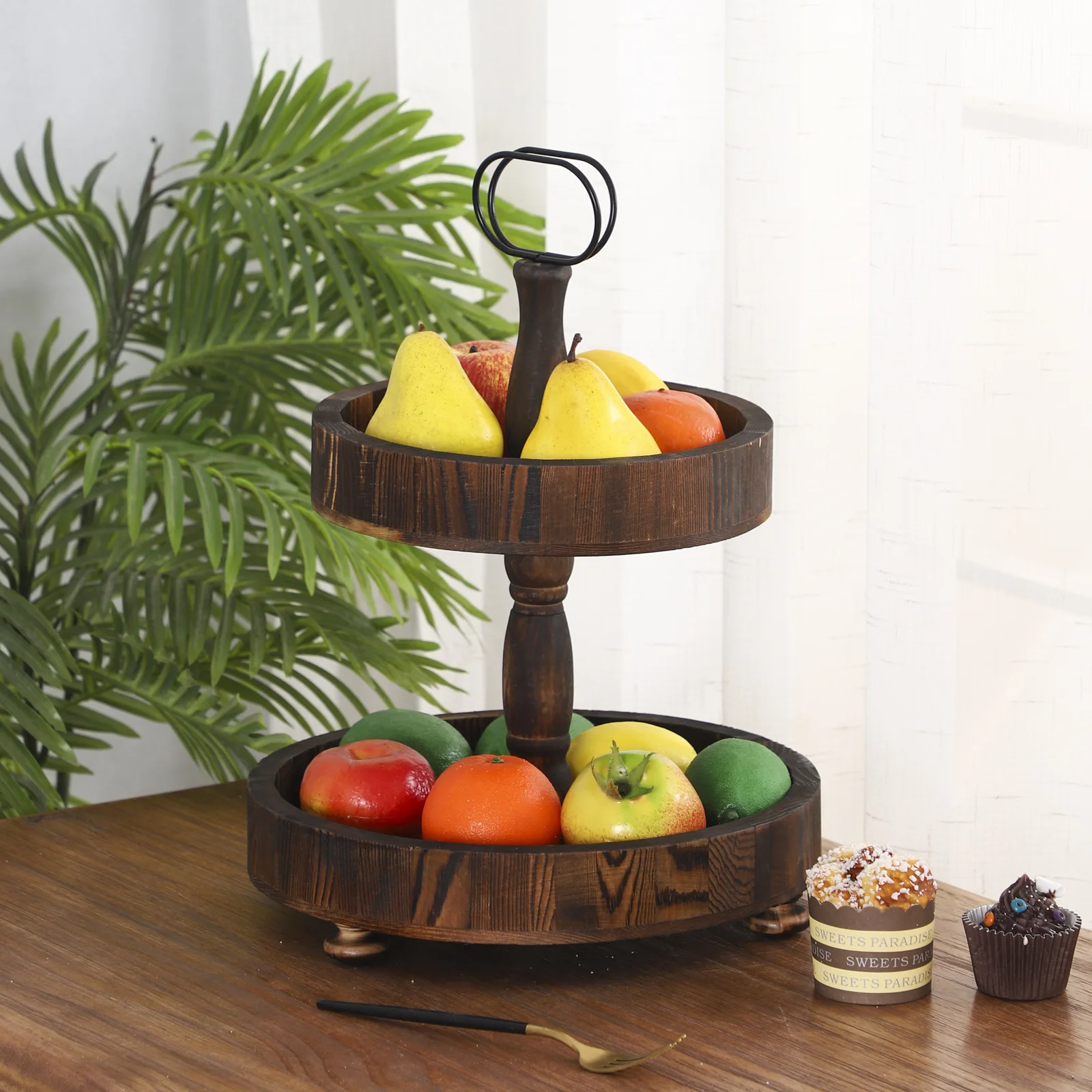 Customization wooden pallets wooden tiered tray with metal handle food display trays bamboo and wooden 2 tier tray