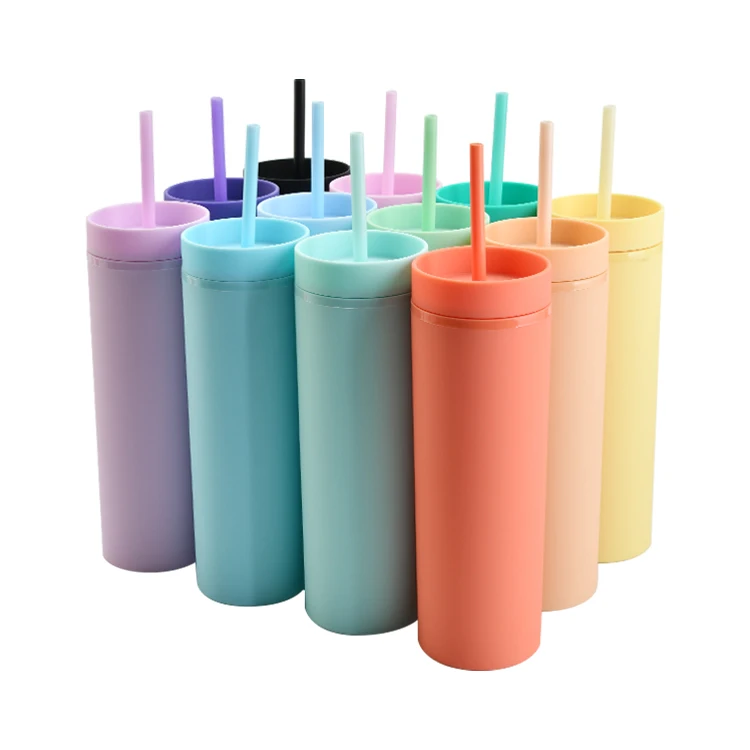 USA Overseas warehouse delivery 16 oz Pastel  Acrylic with Lids Straws Double Wall Matte Plastic slim Tumblers DIY Gifts Cups