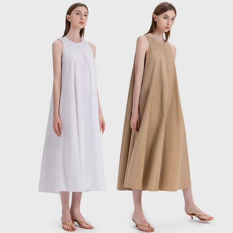 High quality clothing manufacturers womens office elegant O neck solid color sleeveless loose long casual dresses