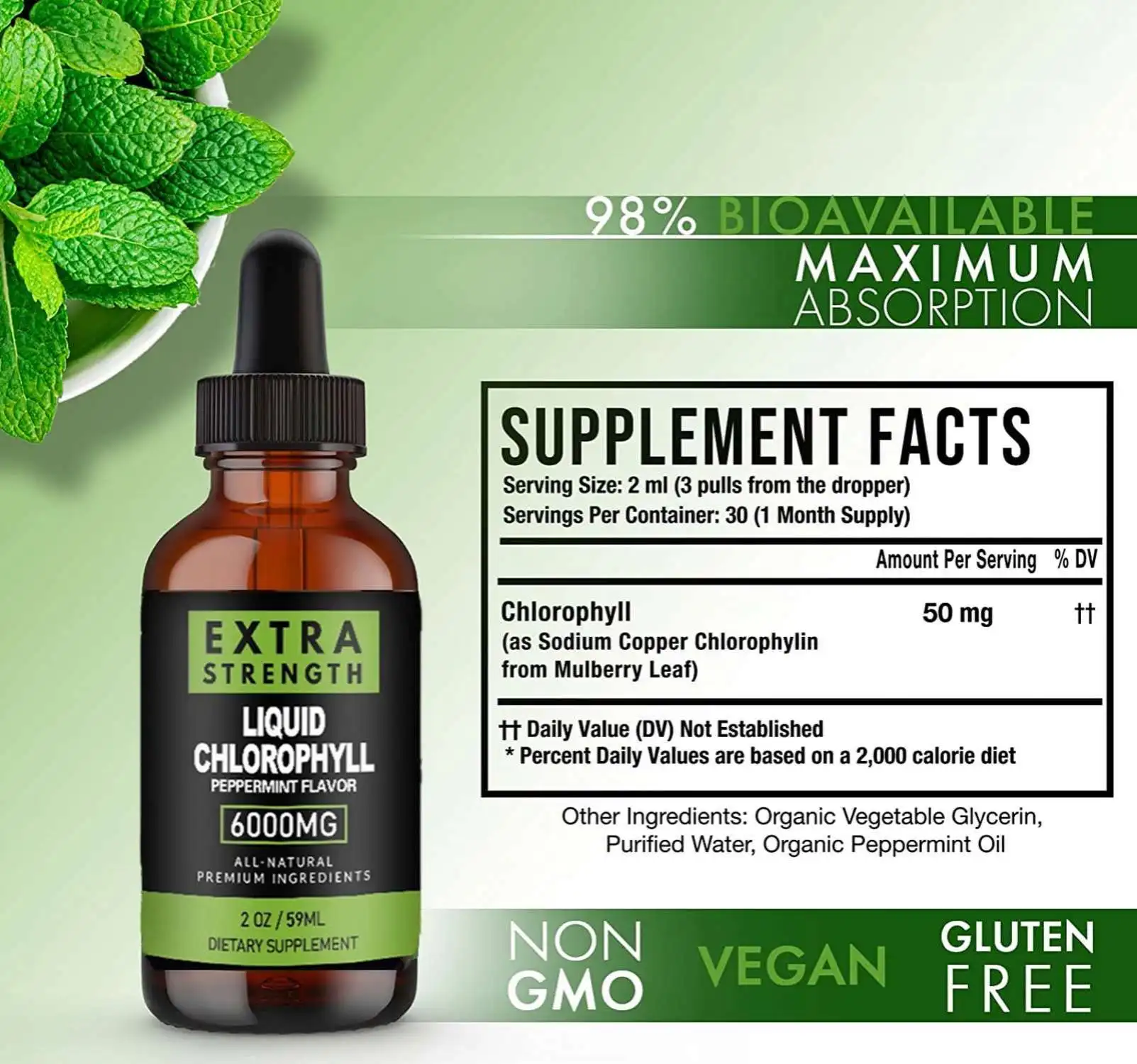 Natural Plant Formula Mint Flavor Chlorophyll Drops from Leaves for Immune Support, Body Detox