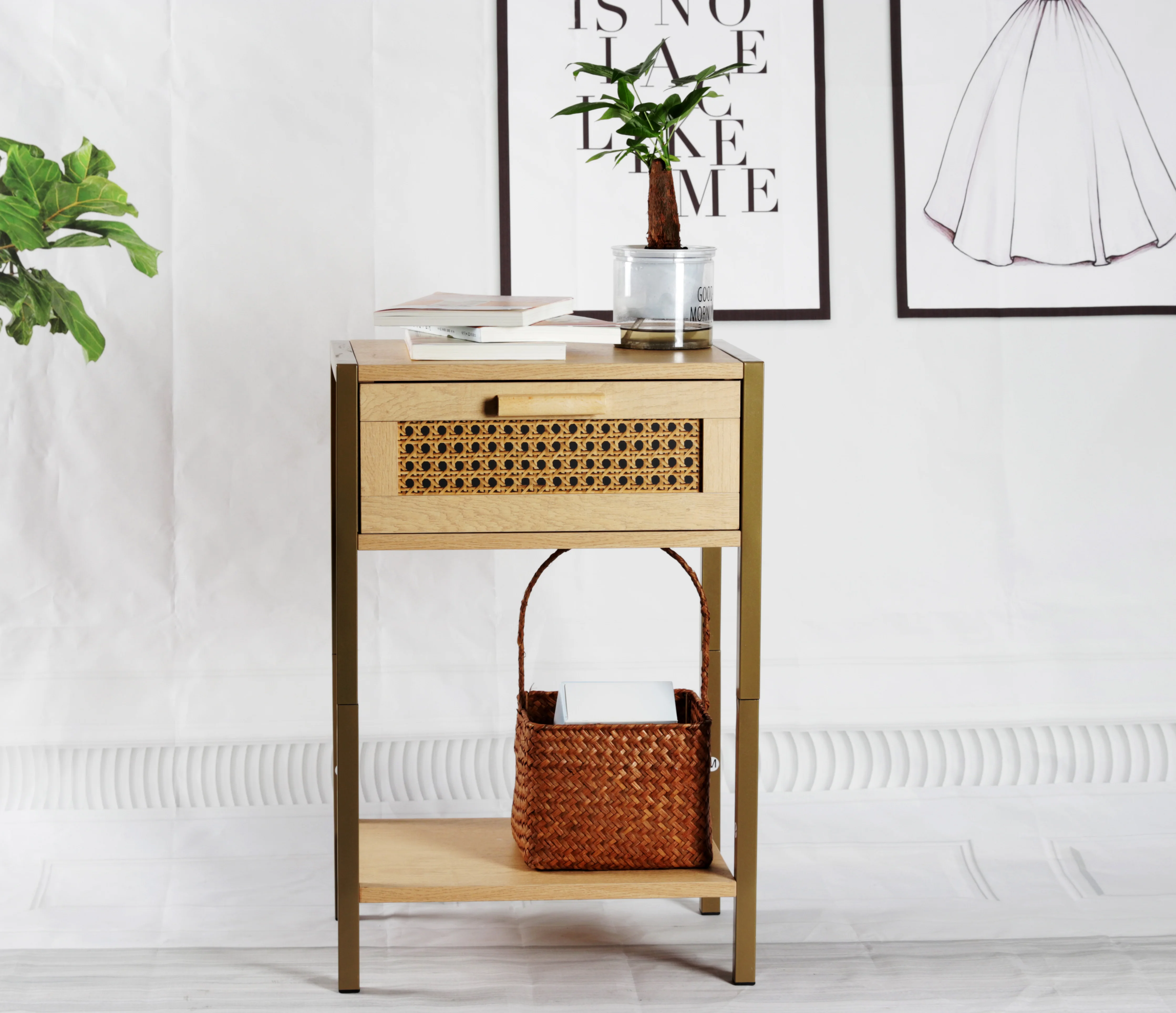 Modern  Bedroom Side Table-MDF Core with Drawer and Shelf  log style