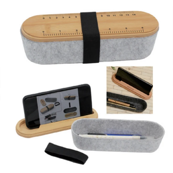 100% RPET felt storage box desk organizer with bamboo lid and elastic strap With ruler and integrated mobile phone holder.