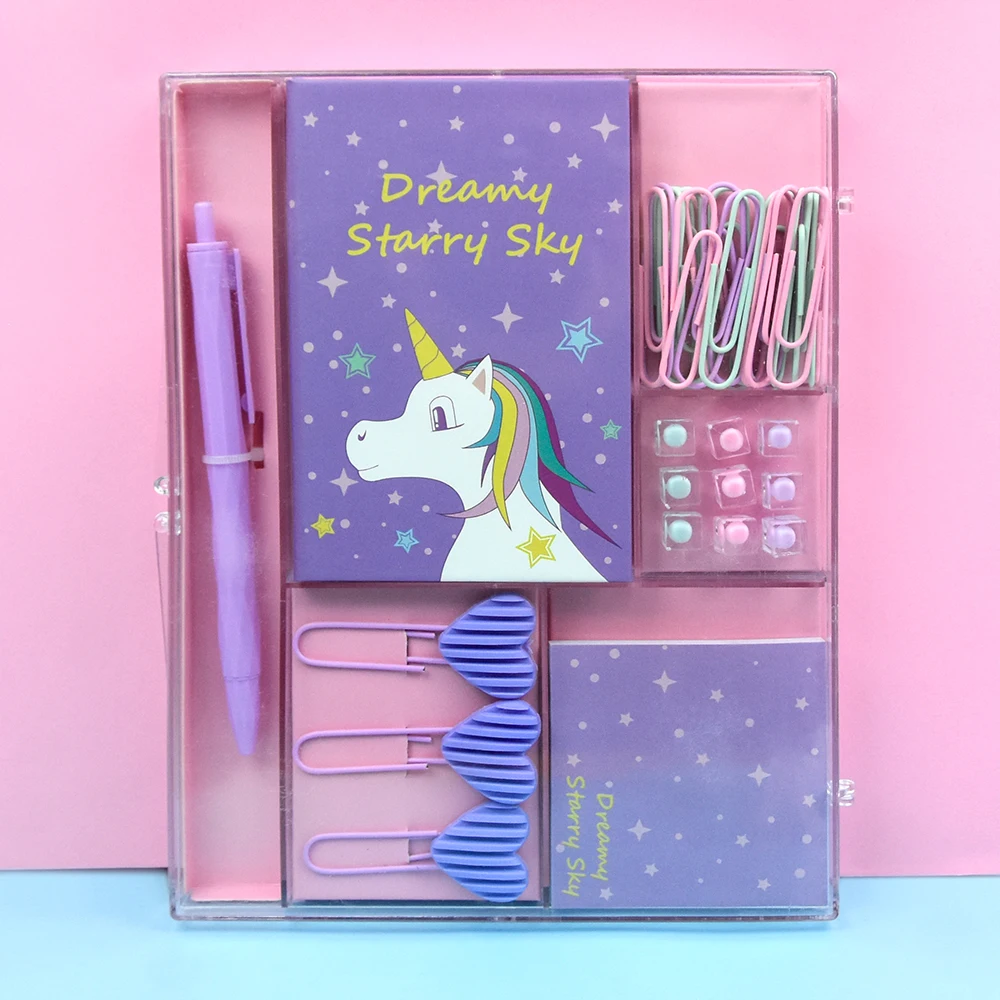 HUIRONG Colorful Notebook Ballpoint Pen Sticky Note Heart Paper Clips Cube Push Pins School Office Stationery Set